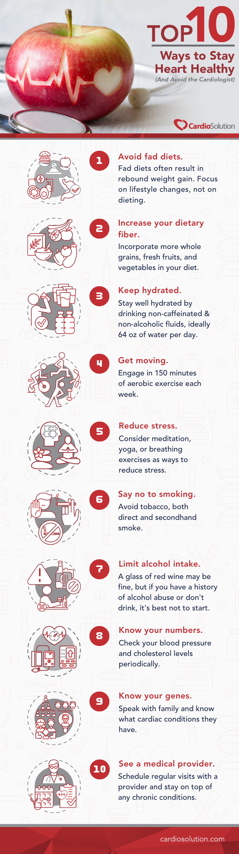 Infographic displaying ten tips to stay heart healthy