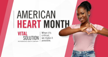 image celebrating american heart month with a woman making a heart sign with her hands and the VitalSolution logo