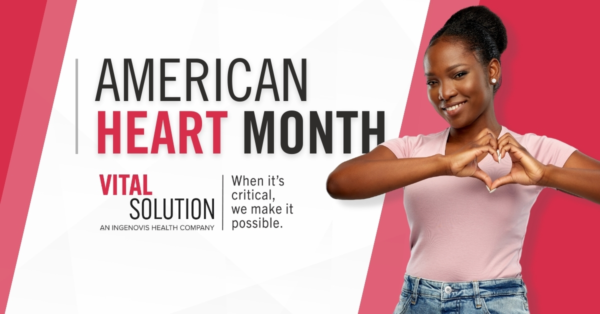 image celebrating american heart month with a woman making a heart sign with her hands and the VitalSolution logo