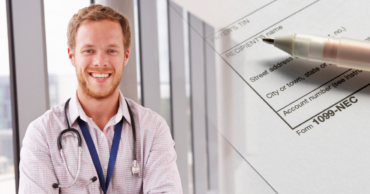 male physician smiling inside a hospital corridor with 1099 tax forms superimposed