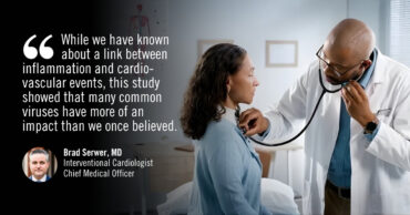 Graphic featuring a healthcare professional using a stethoscope on a patient's chest, with text discussing a study linking common viruses to an increased risk of heart attack. Includes a citation from Brad Serwer, MD, Interventional Cardiologist and Chief Medical Officer at VitalSolution.