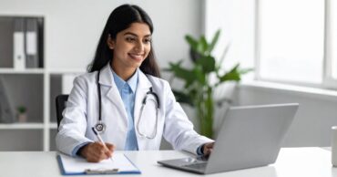 Healthcare professional using a laptop for telehealth for specialty care, taking notes during a virtual consultation