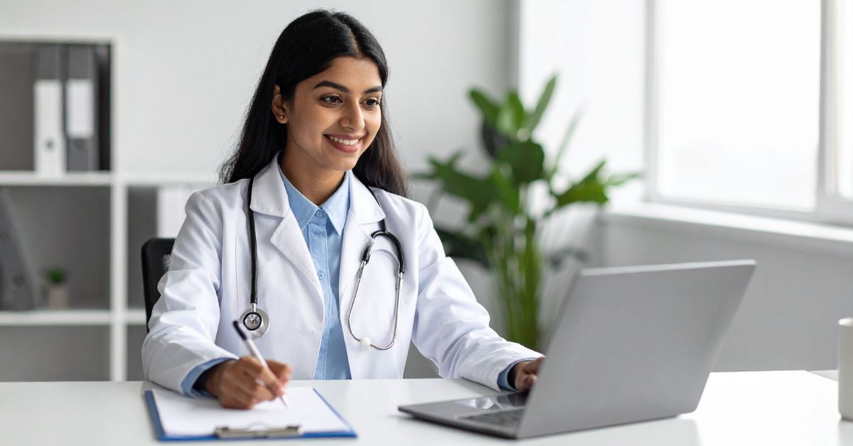 Healthcare professional using a laptop for telehealth for specialty care, taking notes during a virtual consultation