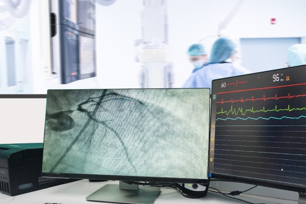 Interventional cardiologist and nurse working in rural hospital cath lab cardiology practice with LCD monitor